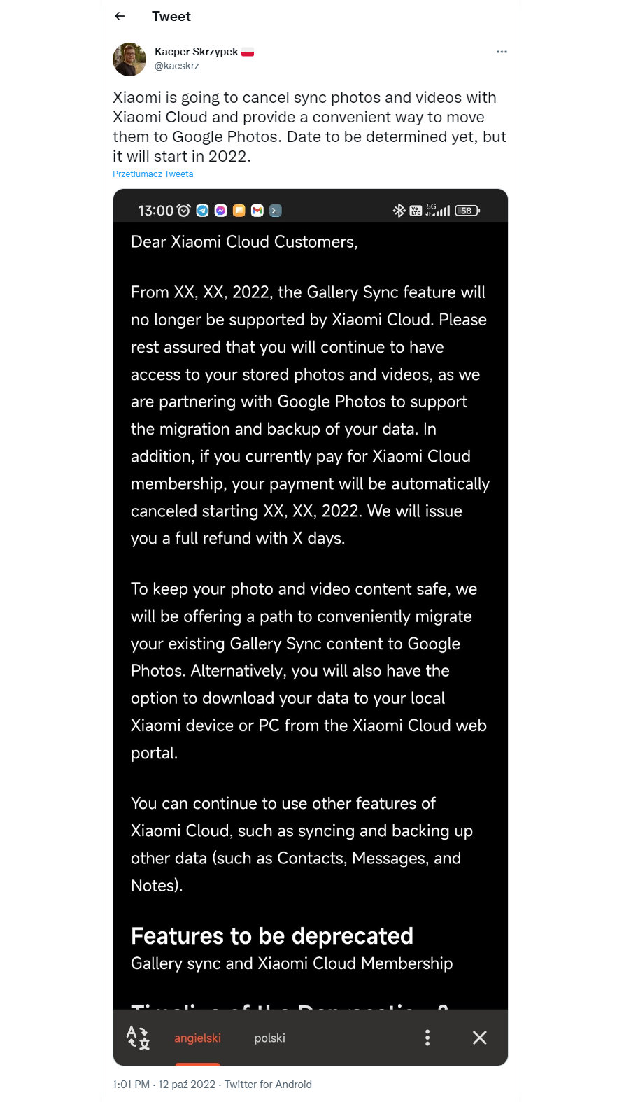 Xiaomi is going to cancel sync photos