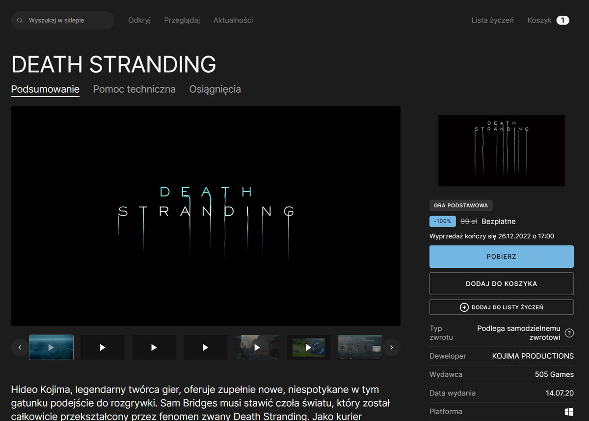 Death Stranding za darmo na Epic Games Store