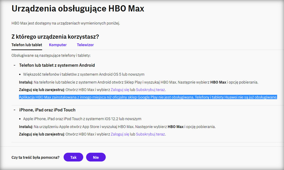 HBO Max Huawei wsparcie