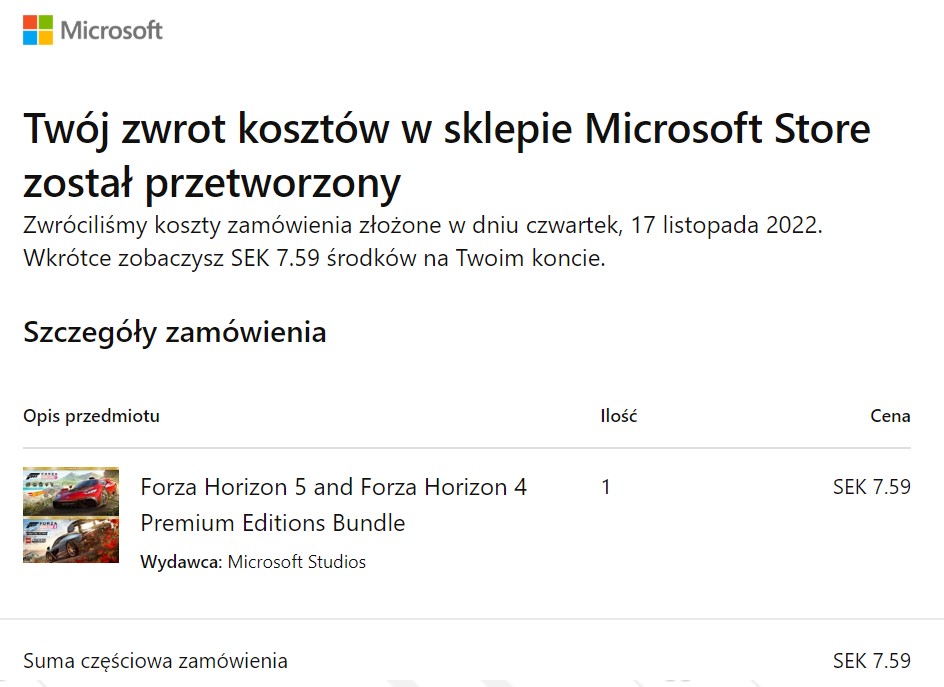 microsoft zwrot srodkow forza 1