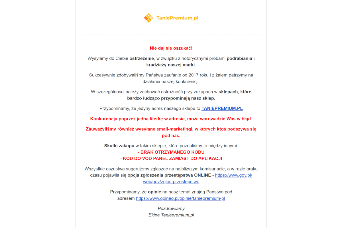 Absurd. Sklep ze współdzielonymi kontami VOD ostrzega przed oszustami, prosi o donosy na policję