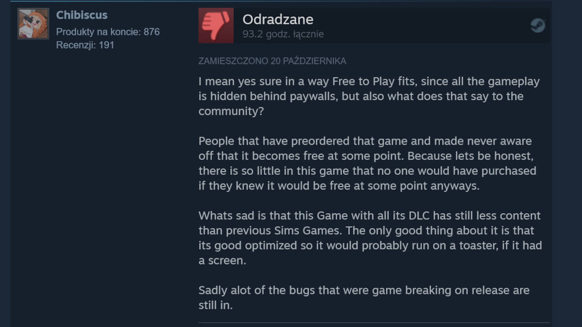 Dotychczasowi gracze The Sims 4 niezadowoleni z darmowości. Ogrom negatywów na Steam