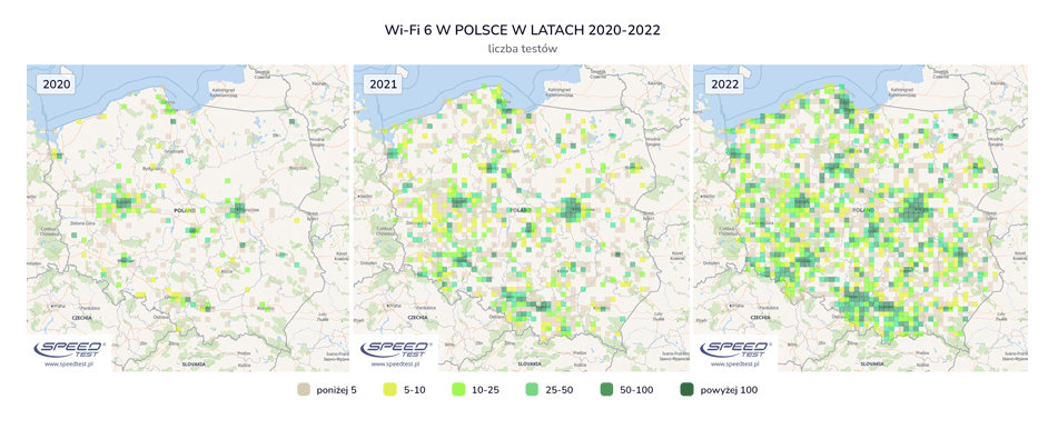 rozmieszczenie testów w technologii Wi-Fi 6 w Polsce na przestrzeni ostatnich trzech lat