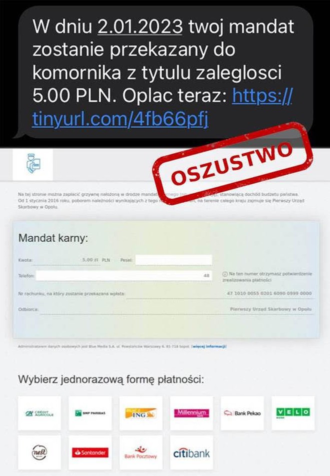 oszustwo sms mandat