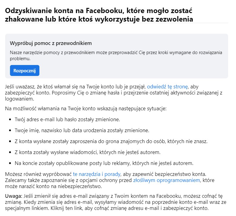 ukradzione konto facebook