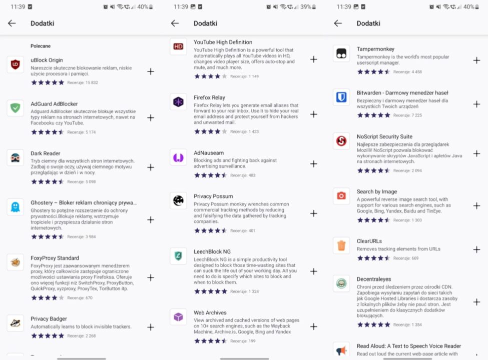 Firefox rozszerzenia Android