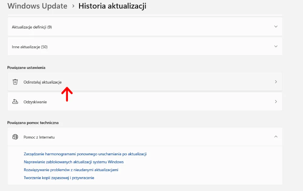 Następnie znajdź historię aktualizacji
