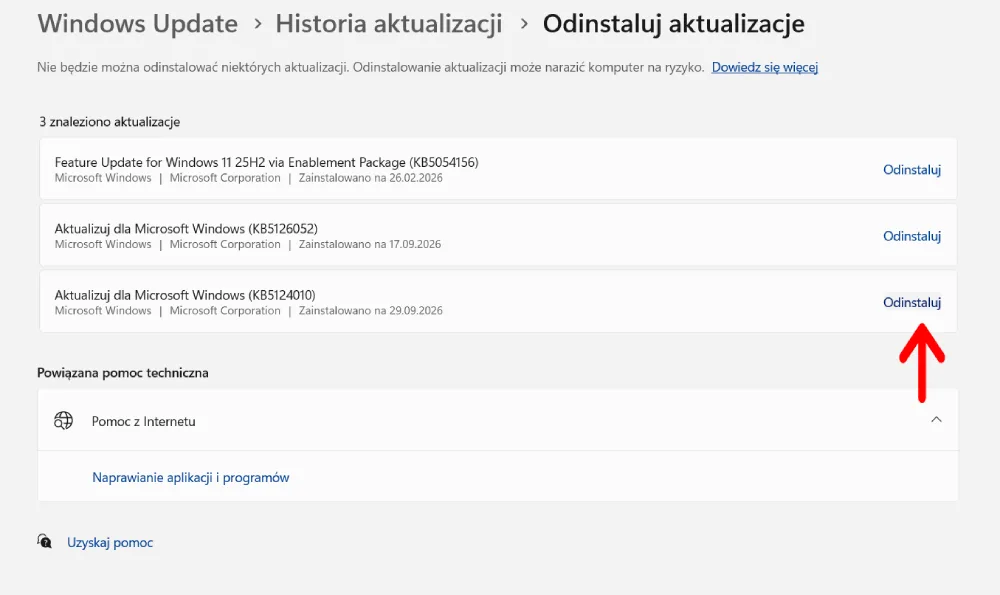 Kolejno możesz odinstalować wybraną aktualizację