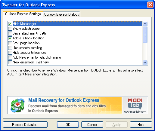 Outlook Express Tweaker