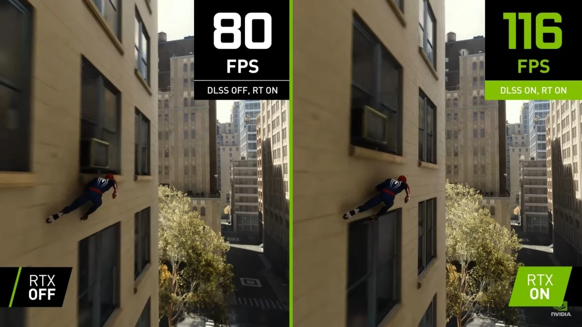 Spider-man Remastered porównanie RTX on i OFF z DLSS