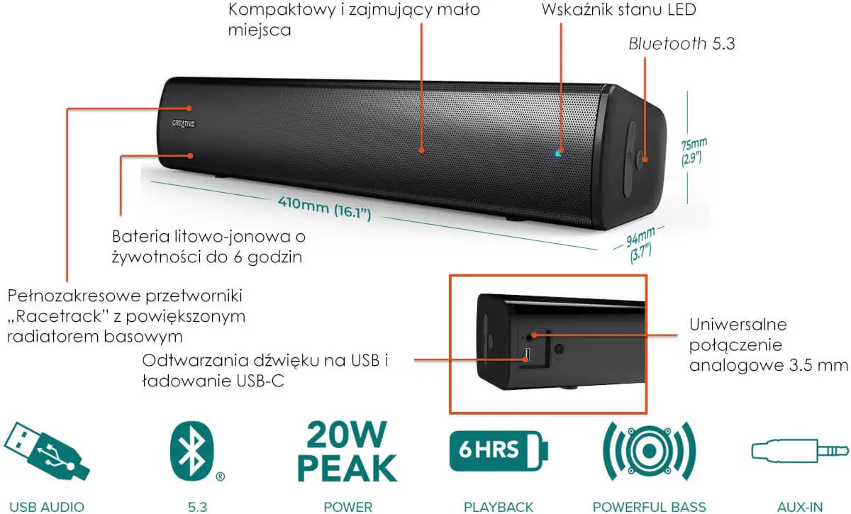 Soundbar Creatvie Stage Air V2 z kartą dźwiękową dla PC, działa też z konsolami i smartfonami