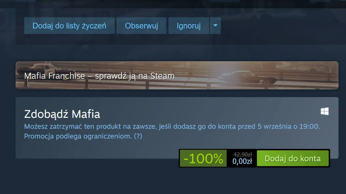 Kultowa klasyczna Mafia za darmo na Steam. Odbierz ją bezpłatnie już teraz
