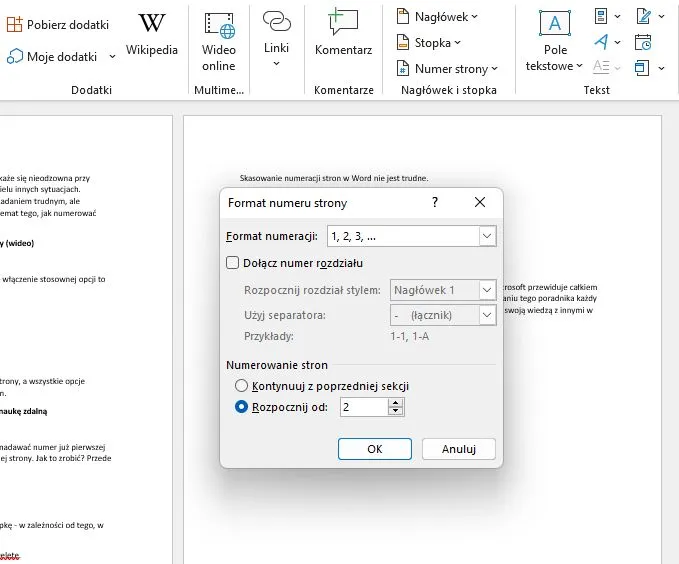 numery stron word edycja 2