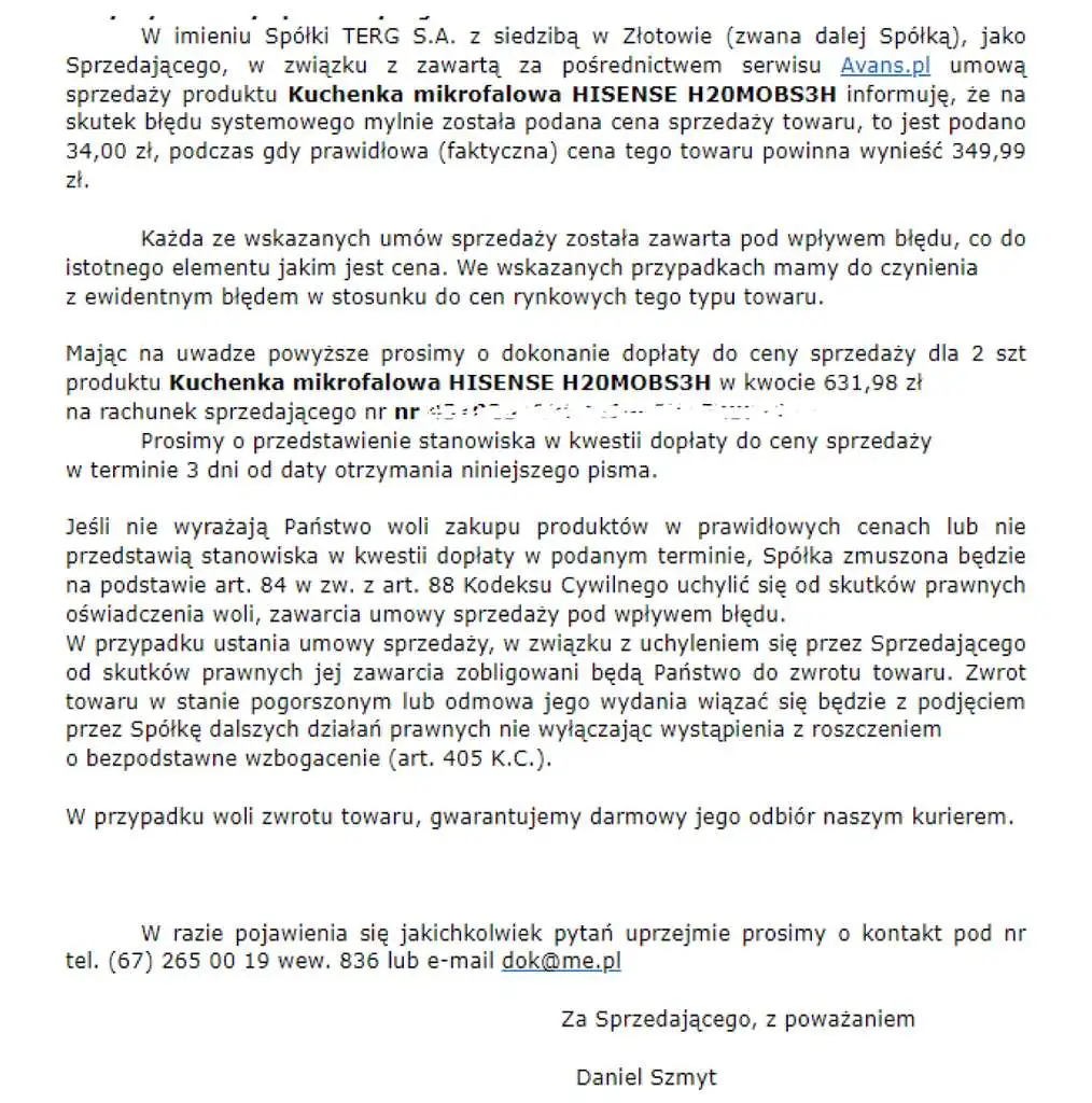 zwrot avans mikrofala