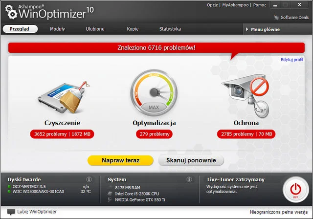 Ashampoo WinOptimizer 10 - Okno główne Ashampoo WinOptimizer 10 - Okno główne