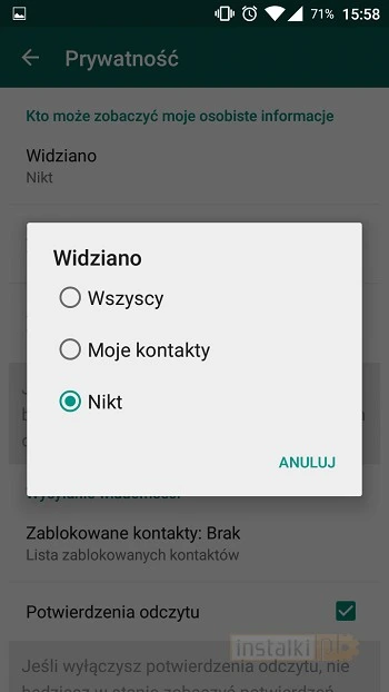 WhatsApp - Wyłącz funkcję Widziano