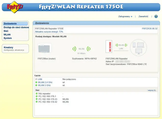 Panel zarządzania FRITZ!WLAN Repeater 1750E
