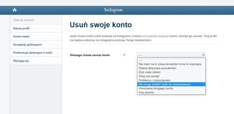 usuwanie konta instagram 1