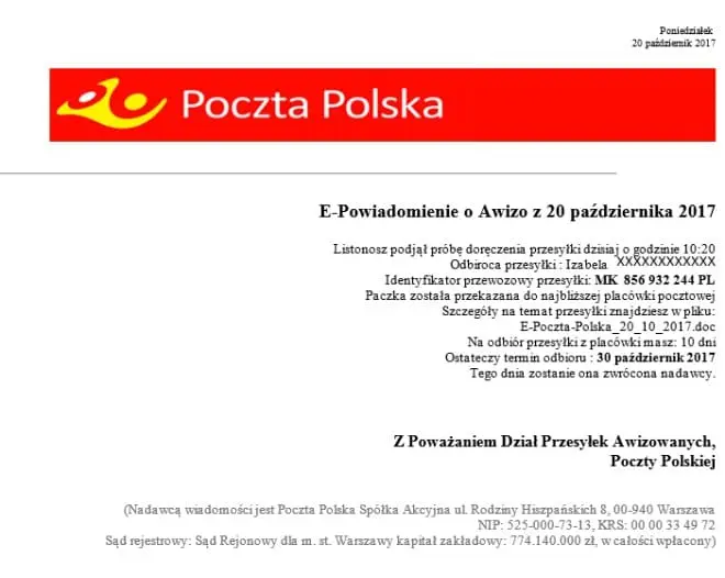 poczta polska wiadomosc