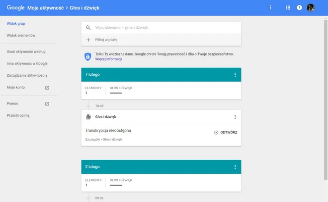 Google - aktywność Głos i dźwięk