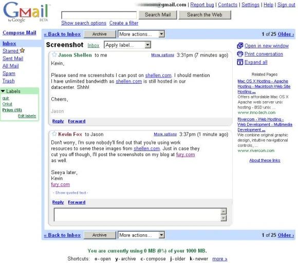 Interfejs Gmail w 2004 roku