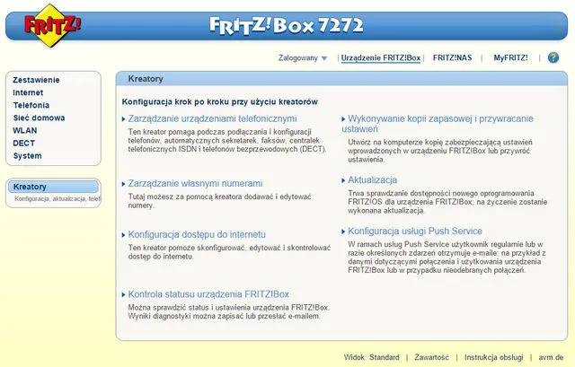 Panel administracyjny Fritz!Box 7272