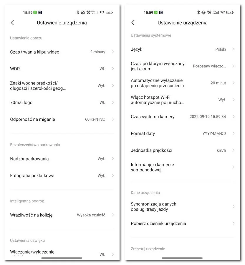 Ustawienia kamery w aplikacji 70mai