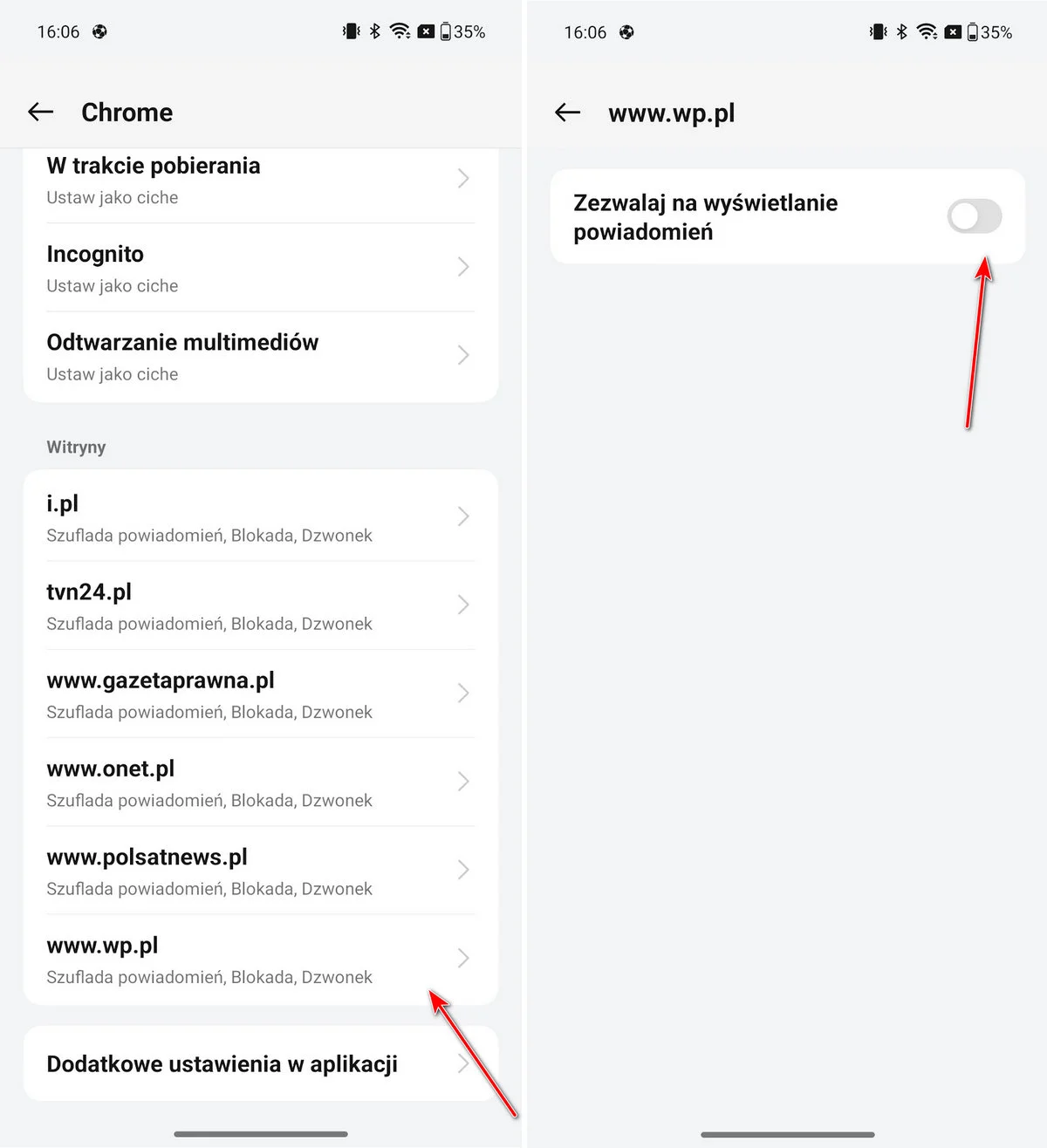 Ustawienia witryn na wyświetlanie powiadomień