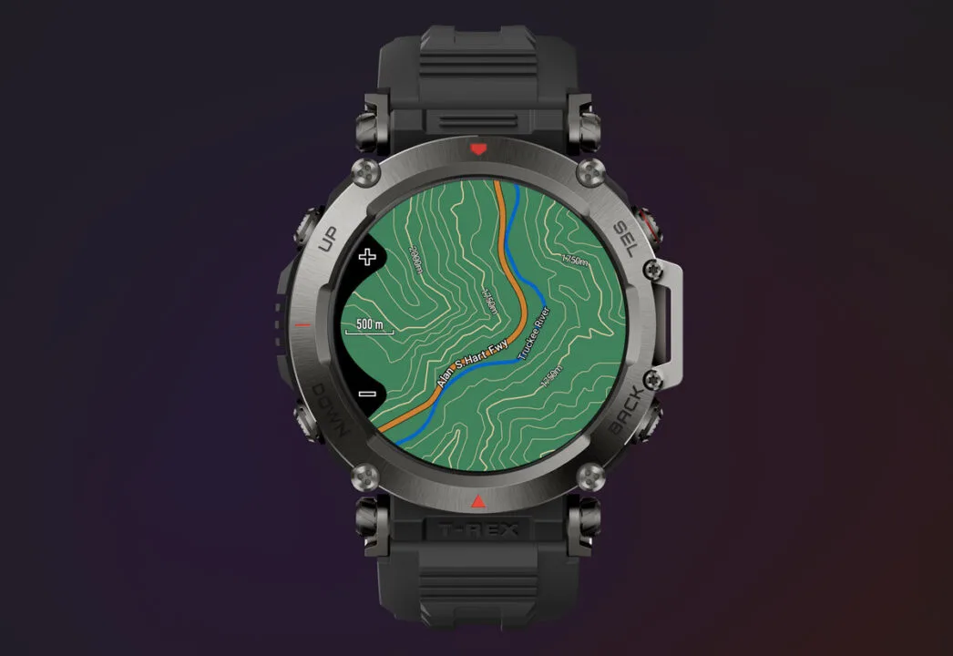 Konturowe mapy na ekranie Amazfit T-Rex Ultra