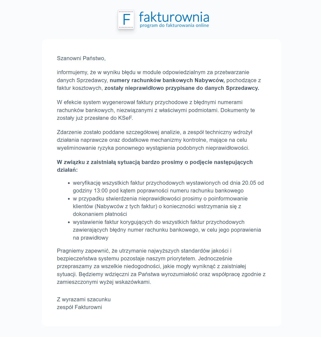 Fakturownia: błędne numery rachunków bankowych. Sprawdź swoje faktury