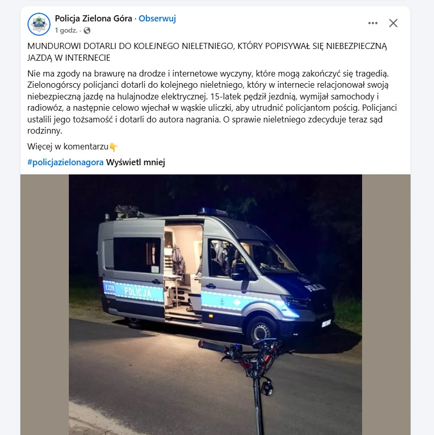 Popisywał się niebezpieczną jazdą na hulajnodze w internecie. Policja namierzyła nieletniego