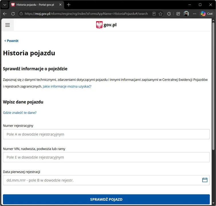 Historia pojazdu - portal gov.pl