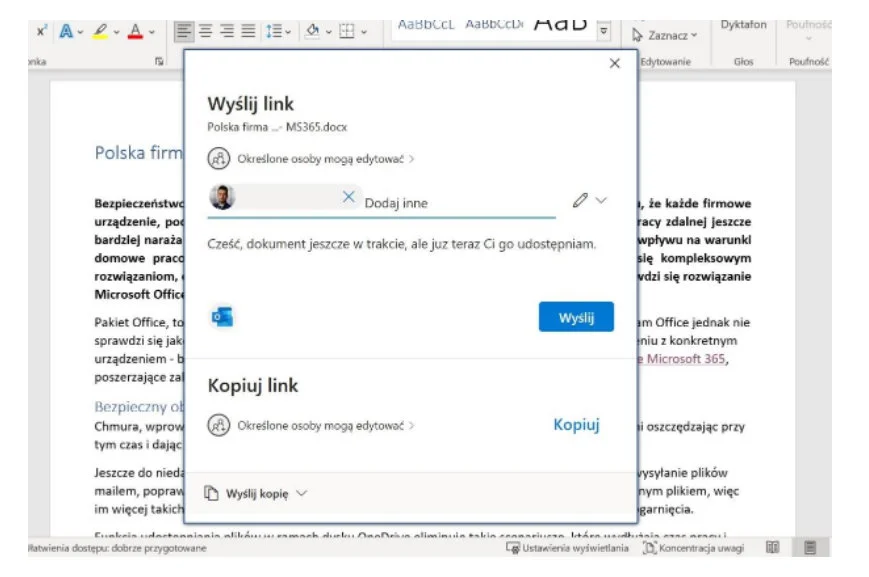 Funkcja udostępniania plików w ramach dysku OneDrive