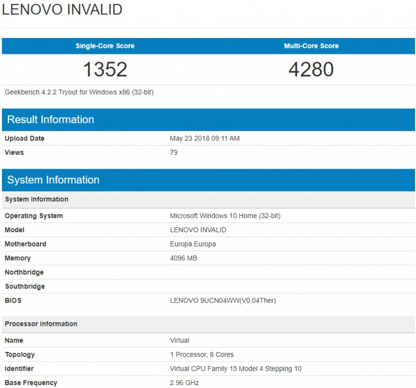 Lenovo laptop with Qualcomm Snapdragon 845 on Windows 10 32 bit at Geekbench
