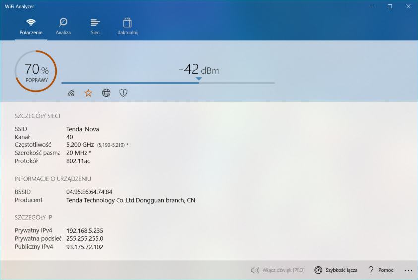 Tenda Nova - Moc sygnału