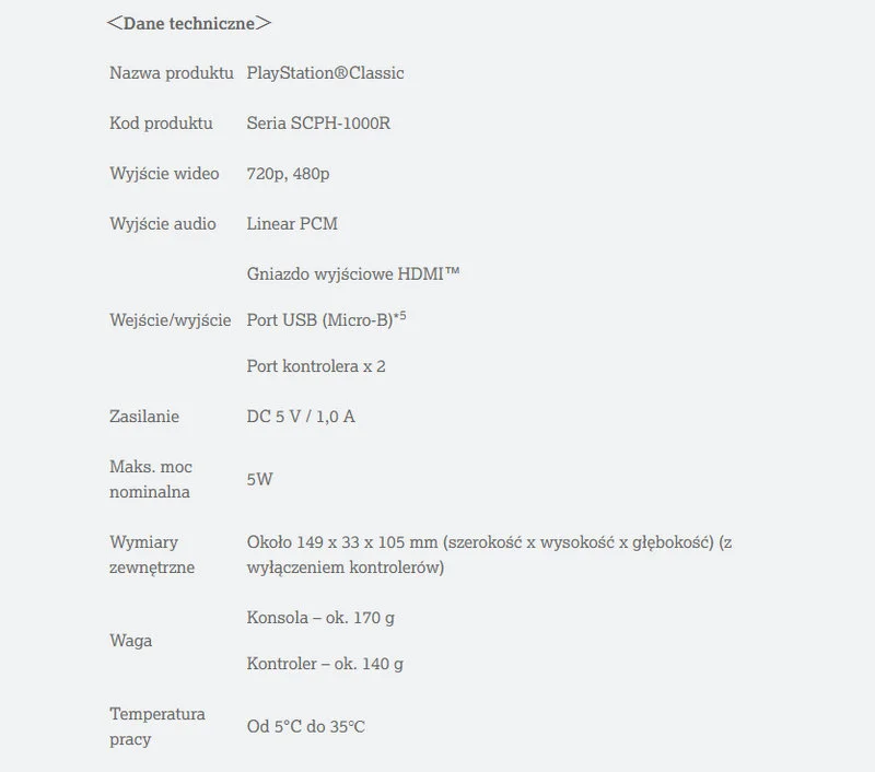 Dane techniczne PlayStation Classic