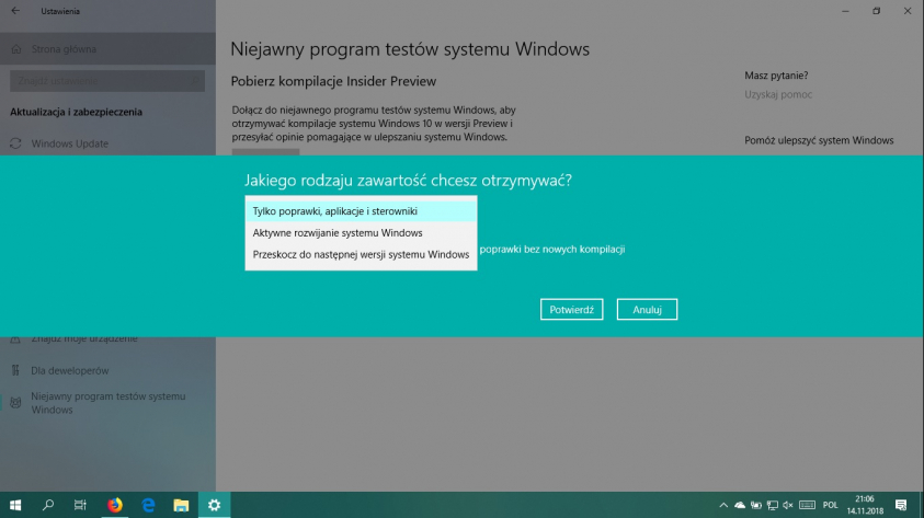 Windows 10 Insider Wybór rodzaju aktualizacji
