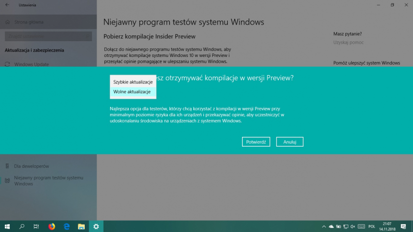Windows 10 Insider Wybór kręgu