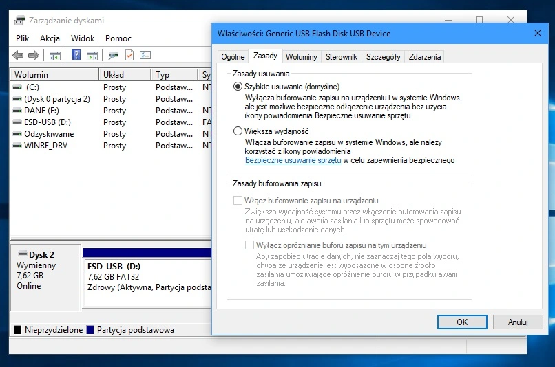 Polityka usuwania nośnika Windows 10 1809