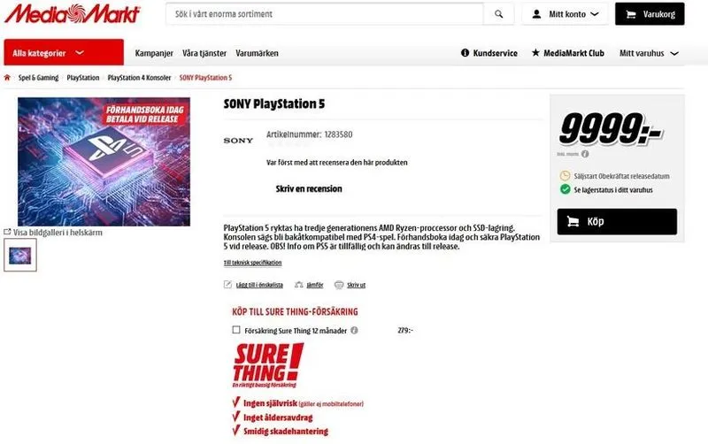 Playstation 5 cena media markt szwecja
