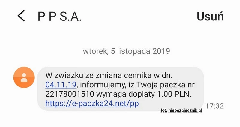 Falszywy SMS od Poczty Polskiej