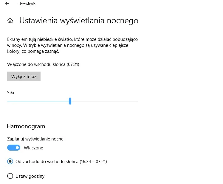 wyswietlanie nocne windows 10