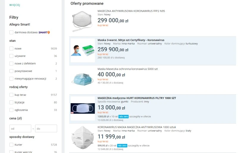 maseczki koronawirus allegro