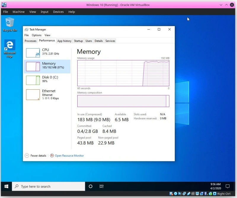 windows 10 192 mb ramu