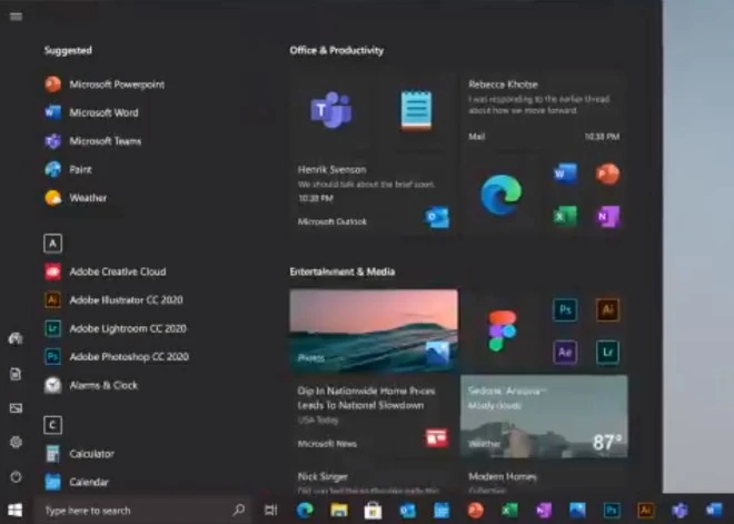 nowe menu start windows 10 tryb ciemny