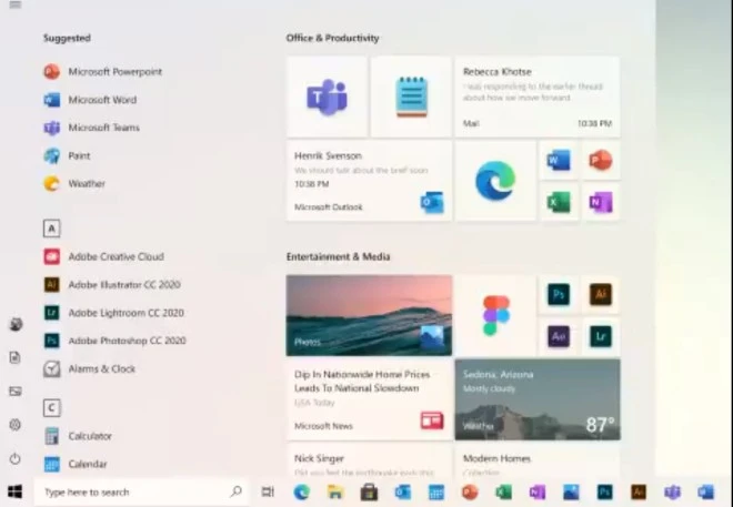 nowe menu start windows 10 tryb jasny