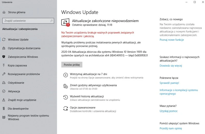 windows 10 aktualizacja nie chce sie zainstalowac