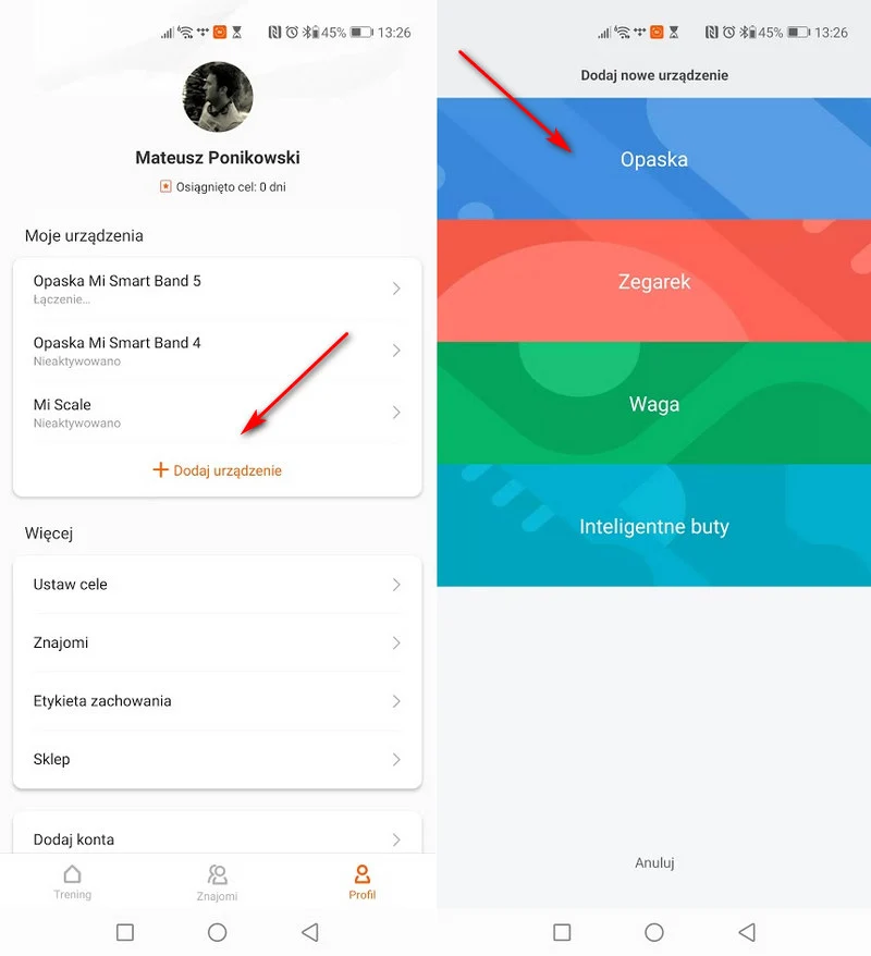 dodawanie Mi Band 5 do Mi Fit