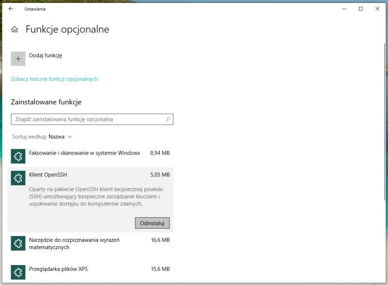 odinstalowywanie funkcji windows 10