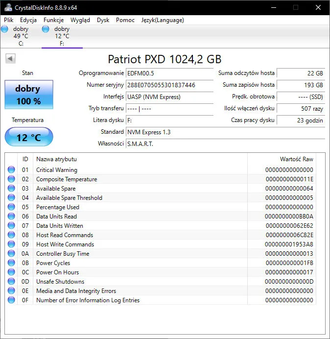 Patriot PXD M.2 PCIe Type-C External SSD - 1TB w CrystalDisklnfo